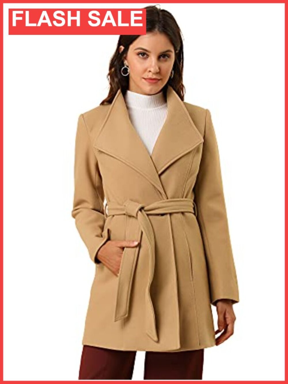 Elegant Stand Collar Belted Pea Coat Longline Winter Overcoat